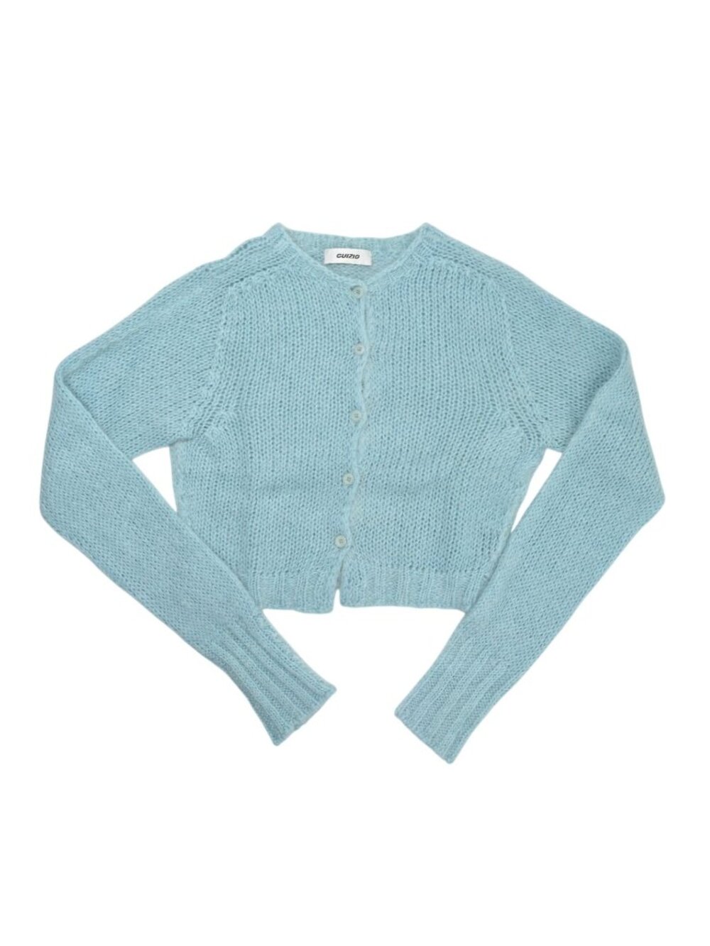 Guizio Mohair Fuzzy Crew-Neck Cropped Cardigan in Blue